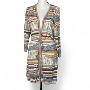 NWT Chico’s Belted Tie Waist Long Striped Cardigan Cotton Blend Sz 1 (M)